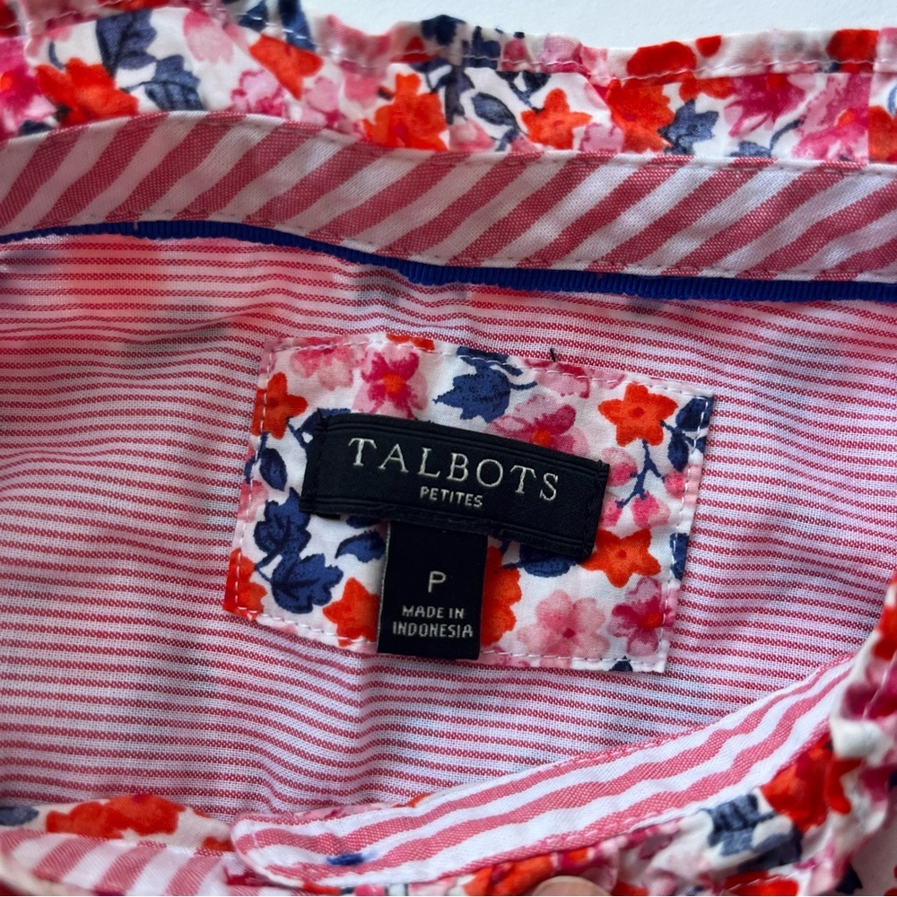 Talbots Red Pink Floral Ruffle Neck Popover Size Small Petite - Picture 5 of 7